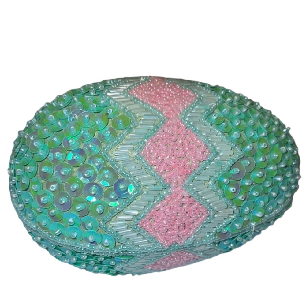 VINTAGE SEQUIN AND BEADED EASTER EGG BOX FABRIC LINED GREEN PINK WHITE & YELLOW